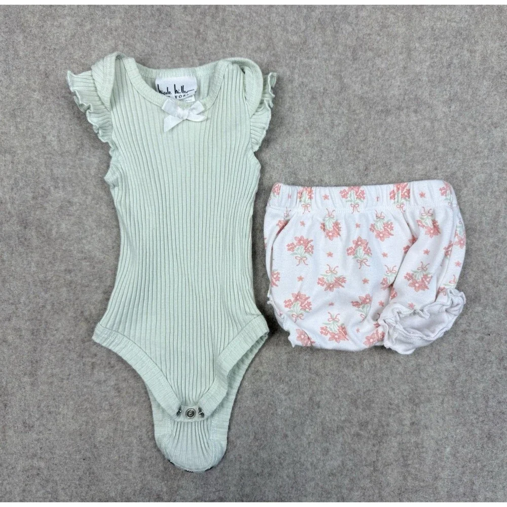 Nicole Miller Baby Girls 0-3 Months 2 Piece Set Green Floral Bloomers